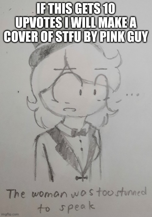 The woman was too stunned to speak | IF THIS GETS 10 UPVOTES I WILL MAKE A COVER OF STFU BY PINK GUY | image tagged in the woman was too stunned to speak | made w/ Imgflip meme maker