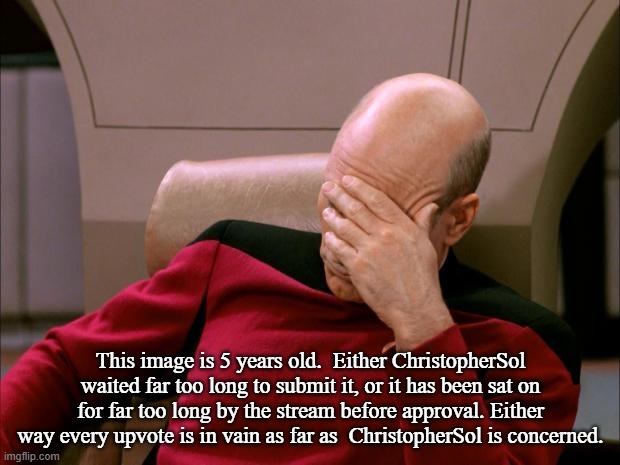 Captain Picard Facepalm HD | This image is 5 years old.  Either ChristopherSol waited far too long to submit it, or it has been sat on for far too long by the stream bef | image tagged in captain picard facepalm hd | made w/ Imgflip meme maker