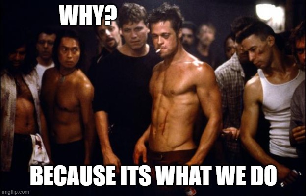 Fight Club Template  | WHY? BECAUSE ITS WHAT WE DO | image tagged in fight club template | made w/ Imgflip meme maker