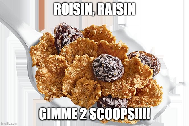 Raisin Bran | ROISIN, RAISIN; GIMME 2 SCOOPS!!!! | image tagged in raisin bran | made w/ Imgflip meme maker