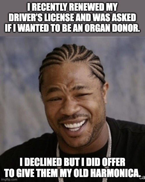 Organ | I RECENTLY RENEWED MY DRIVER’S LICENSE AND WAS ASKED IF I WANTED TO BE AN ORGAN DONOR. I DECLINED BUT I DID OFFER TO GIVE THEM MY OLD HARMONICA. | image tagged in black guy laughing | made w/ Imgflip meme maker