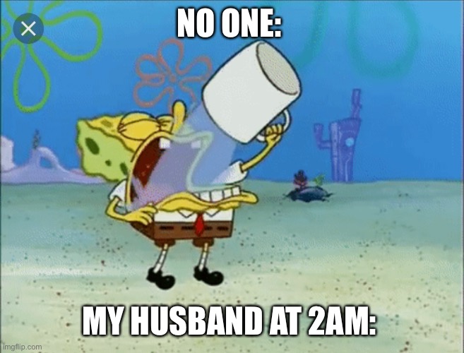 Spongebob drinking water | NO ONE:; MY HUSBAND AT 2AM: | image tagged in spongebob drinking water | made w/ Imgflip meme maker
