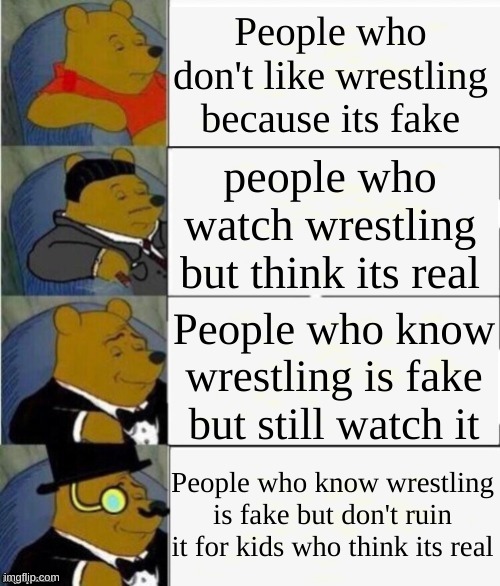 This is a mouthfull XD | People who don't like wrestling because its fake; people who watch wrestling but think its real; People who know wrestling is fake but still watch it; People who know wrestling is fake but don't ruin it for kids who think its real | image tagged in tuxedo winnie the pooh 4 panel | made w/ Imgflip meme maker