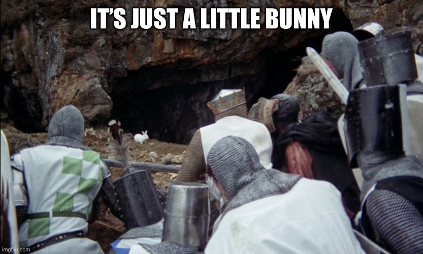 monty python rabbit | IT’S JUST A LITTLE BUNNY | image tagged in monty python rabbit | made w/ Imgflip meme maker