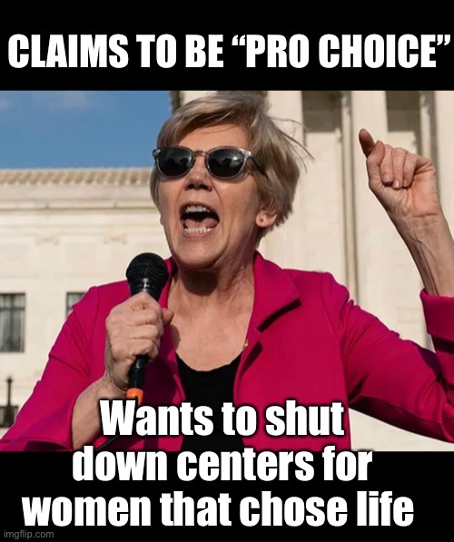 Someone tell her that being pro choice also includes being pro birth | CLAIMS TO BE “PRO CHOICE”; Wants to shut down centers for women that chose life | image tagged in elizabeth warren,derp,stupid people,politics,memes | made w/ Imgflip meme maker