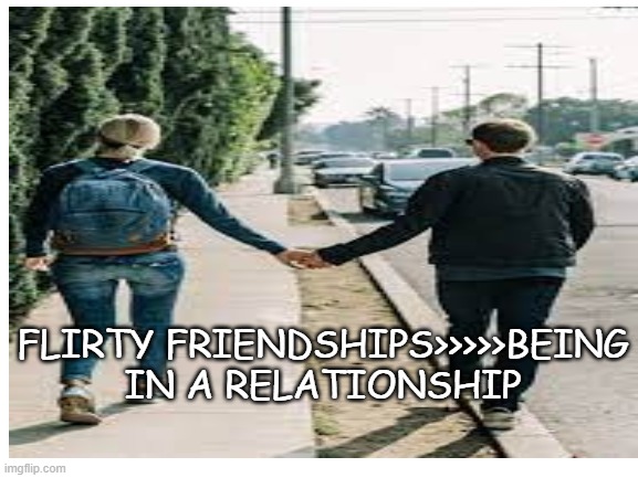 meme | FLIRTY FRIENDSHIPS>>>>>BEING IN A RELATIONSHIP | image tagged in true love | made w/ Imgflip meme maker