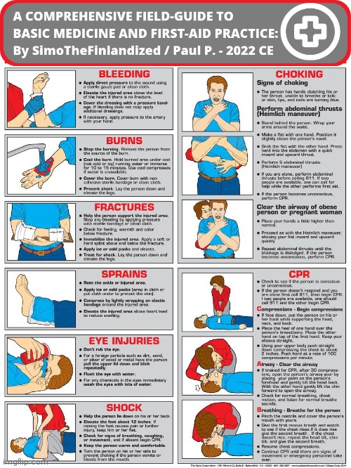 A COMPREHENSIVE FIELD-GUIDE TO  BASIC MEDICINE AND FIRST-AID PRACTICE:By SimoTheFinlandized / Paul P. - 2022 CE | image tagged in simothefinlandized,first aid,medicine,tutorial,infographic | made w/ Imgflip meme maker