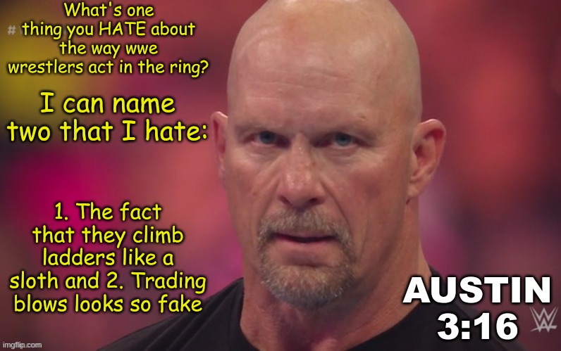 Steve Austin template | What's one thing you HATE about the way wwe wrestlers act in the ring? I can name two that I hate:; 1. The fact that they climb ladders like a sloth and 2. Trading blows looks so fake | image tagged in steve austin template | made w/ Imgflip meme maker