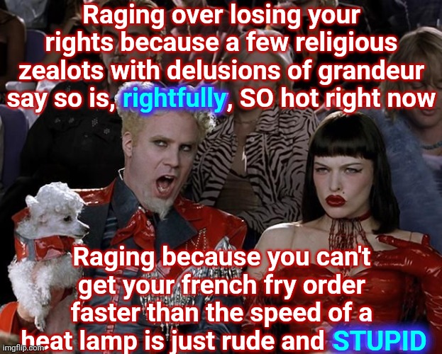 Stop Being Stupid In Public | Raging over losing your rights because a few religious zealots with delusions of grandeur say so is, rightfully, SO hot right now; rightfully; Raging because you can't get your french fry order faster than the speed of a heat lamp is just rude and STUPID; STUPID | image tagged in so hot right now,memes,stupid people,stupid,stop being so damn stupid,use the thinking side of your brain | made w/ Imgflip meme maker