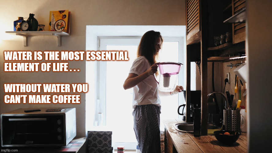 WATER = COFFEE !! | WATER IS THE MOST ESSENTIAL
ELEMENT OF LIFE . . . WITHOUT WATER YOU
CAN’T MAKE COFFEE | image tagged in water,coffee,tired,morning,elements,essential | made w/ Imgflip meme maker