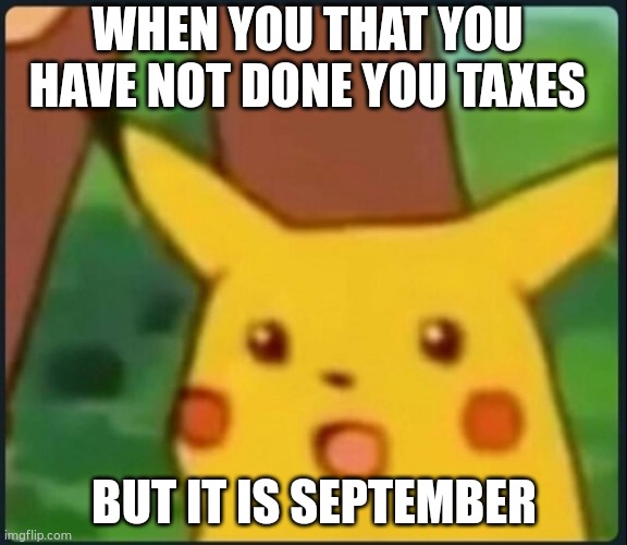 Surprised Pikachu | WHEN YOU THAT YOU HAVE NOT DONE YOU TAXES; BUT IT IS SEPTEMBER | image tagged in surprised pikachu | made w/ Imgflip meme maker