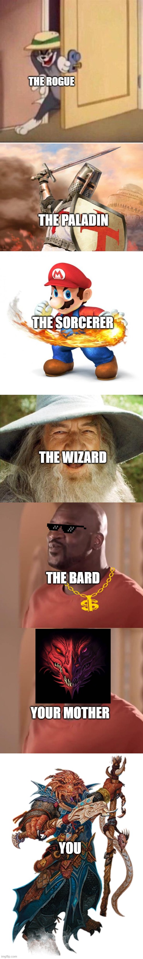 Classic stereotypes. | THE ROGUE; THE PALADIN; THE SORCERER; THE WIZARD; THE BARD; YOUR MOTHER; YOU | image tagged in sneaky tom,crusader,super mario with a fireball,a wizard is never late,shaq,you are dragonborn haha | made w/ Imgflip meme maker