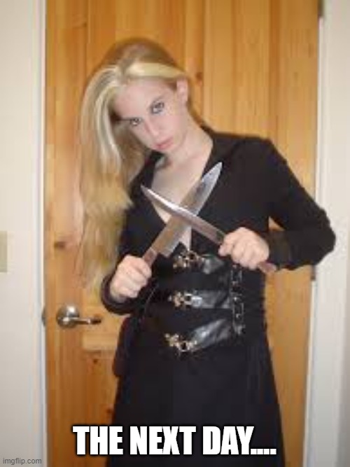 Girl with knifes | THE NEXT DAY.... | image tagged in girl with knifes | made w/ Imgflip meme maker