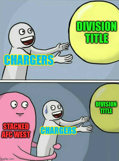 They haven't won one since 2009 (Still more recent than the Raiders) | DIVISION TITLE; CHARGERS; DIVISION TITLE; STACKED AFC WEST; CHARGERS | image tagged in memes,running away balloon | made w/ Imgflip meme maker