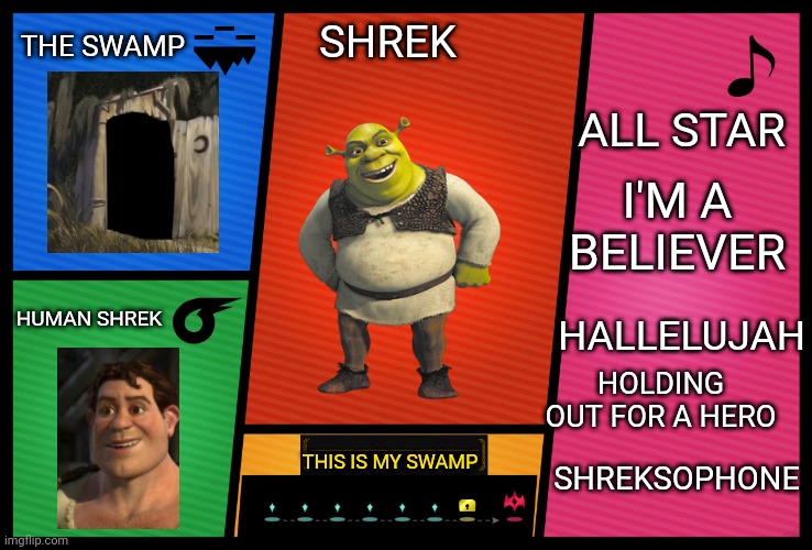 it's all ogre now... | THE SWAMP; SHREK; ALL STAR; I'M A BELIEVER; HALLELUJAH; HUMAN SHREK; HOLDING OUT FOR A HERO; SHREKSOPHONE; THIS IS MY SWAMP | image tagged in shrek,all star | made w/ Imgflip meme maker