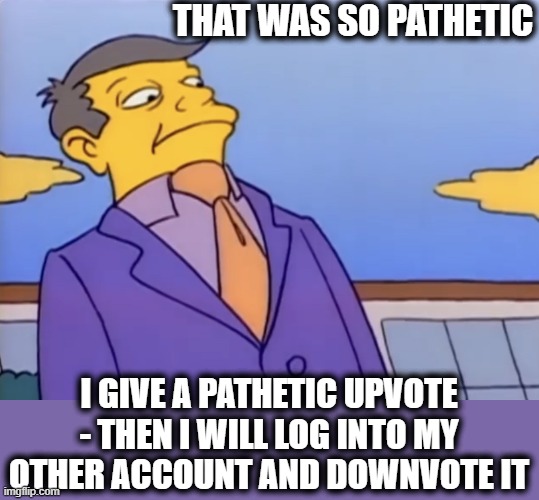 Principle Skinner Pathetic | THAT WAS SO PATHETIC I GIVE A PATHETIC UPVOTE - THEN I WILL LOG INTO MY OTHER ACCOUNT AND DOWNVOTE IT | image tagged in principle skinner pathetic | made w/ Imgflip meme maker