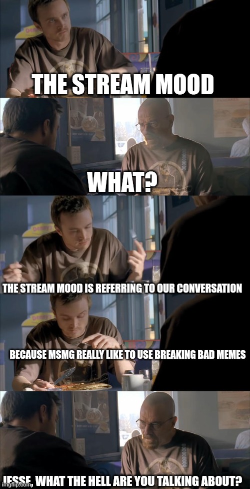 Jesse WTF are you talking about? | THE STREAM MOOD; WHAT? THE STREAM MOOD IS REFERRING TO OUR CONVERSATION; BECAUSE MSMG REALLY LIKE TO USE BREAKING BAD MEMES; JESSE, WHAT THE HELL ARE YOU TALKING ABOUT? | image tagged in jesse wtf are you talking about | made w/ Imgflip meme maker