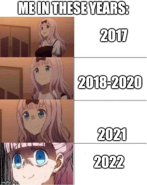 y | ME IN THESE YEARS:; 2017; 2018-2020; 2021; 2022 | image tagged in rising panic,why are you reading this | made w/ Imgflip meme maker