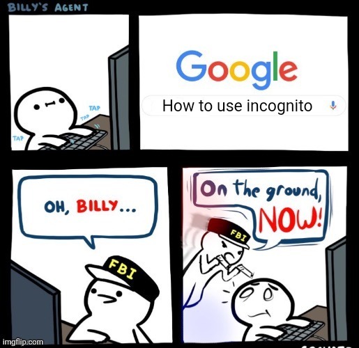 Noone can hide, from the fbi, and i, champpeace1234, overuse commas, | How to use incognito | image tagged in on the ground now | made w/ Imgflip meme maker