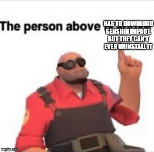 the person above is above | HAS TO DOWNLOAD GENSHIN IMPACT, BUT THEY CAN'T EVER UNINSTALL IT | image tagged in the person above is above | made w/ Imgflip meme maker