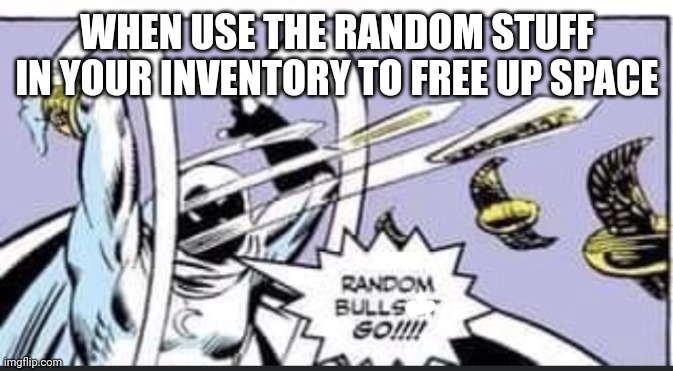 Hehe | WHEN USE THE RANDOM STUFF IN YOUR INVENTORY TO FREE UP SPACE | image tagged in random bullshit go | made w/ Imgflip meme maker