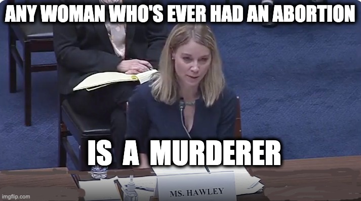 ANY WOMAN WHO'S EVER HAD AN ABORTION; IS  A  MURDERER | image tagged in memes,erin hawley,josh hawley,gop,christian fanatics,anti-abortion extremism | made w/ Imgflip meme maker