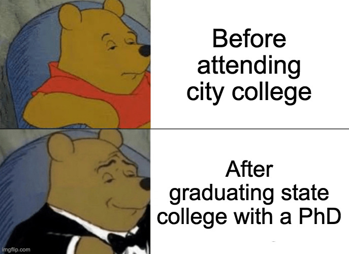 Pooh before and after college | Before attending city college; After graduating state college with a PhD | image tagged in memes,tuxedo winnie the pooh | made w/ Imgflip meme maker