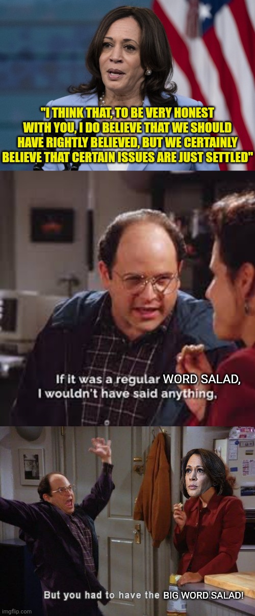 The Big Word Salad | "I THINK THAT, TO BE VERY HONEST WITH YOU, I DO BELIEVE THAT WE SHOULD HAVE RIGHTLY BELIEVED, BUT WE CERTAINLY BELIEVE THAT CERTAIN ISSUES ARE JUST SETTLED"; WORD SALAD, BIG WORD SALAD! | image tagged in seinfeld,word,salad,george costanza,kamala harris,abortion | made w/ Imgflip meme maker