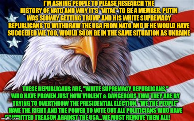 American Flag and Eagle | I'M ASKING PEOPLE TO PLEASE RESEARCH THE HISTORY OF NATO AND WHY IT'S "VITAL" TO BE A MEMBER. PUTIN WAS SLOWLY GETTING TRUMP AND HIS WHITE SUPREMACY REPUBLICANS TO WITHDRAW THE USA FROM NATO AND IF HE WOULD HAVE SUCCEEDED WE TOO, WOULD SOON BE IN THE SAME SITUATION AS UKRAINE; THESE REPUBLICANS ARE, "WHITE SUPREMACY REPUBLICANS," WHO HAVE PROVEN JUST HOW VIOLENT & DANGEROUS THAT THEY ARE BY TRYING TO OVERTHROW THE PRESIDENTIAL ELECTION. "WE THE PEOPLE" HAVE THE RIGHT AND THE POWER TO VOTE OUT ALL POLITICIANS WHO HAVE COMMITTED TREASON AGAINST THE USA...WE MUST REMOVE THEM ALL! | image tagged in american flag and eagle | made w/ Imgflip meme maker