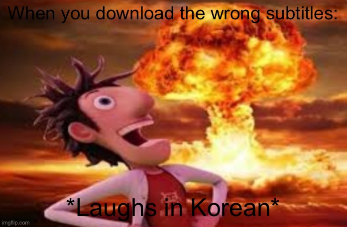 Flint Lockwood explosion | When you download the wrong subtitles:; *Laughs in Korean* | image tagged in flint lockwood explosion | made w/ Imgflip meme maker