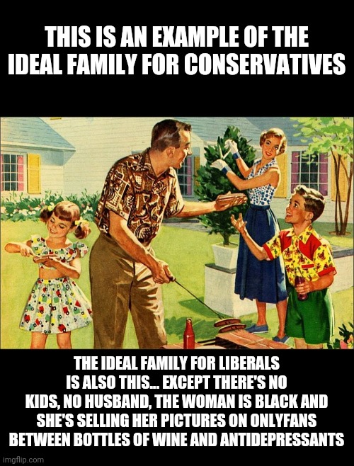 American Family | THIS IS AN EXAMPLE OF THE IDEAL FAMILY FOR CONSERVATIVES; THE IDEAL FAMILY FOR LIBERALS IS ALSO THIS... EXCEPT THERE'S NO KIDS, NO HUSBAND, THE WOMAN IS BLACK AND SHE'S SELLING HER PICTURES ON ONLYFANS BETWEEN BOTTLES OF WINE AND ANTIDEPRESSANTS | image tagged in american family | made w/ Imgflip meme maker
