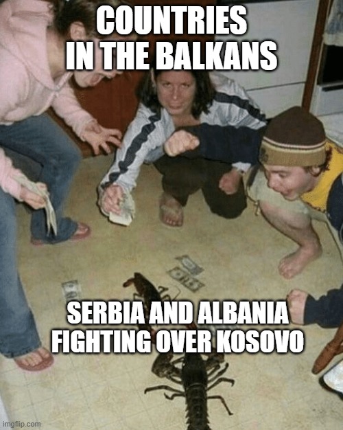 an average balkan fight | COUNTRIES IN THE BALKANS; SERBIA AND ALBANIA FIGHTING OVER KOSOVO | image tagged in lobster fight | made w/ Imgflip meme maker