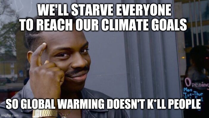 We need to end your life to save you dying from climate change | WE'LL STARVE EVERYONE TO REACH OUR CLIMATE GOALS; SO GLOBAL WARMING DOESN'T K*LL PEOPLE | image tagged in memes,roll safe think about it | made w/ Imgflip meme maker