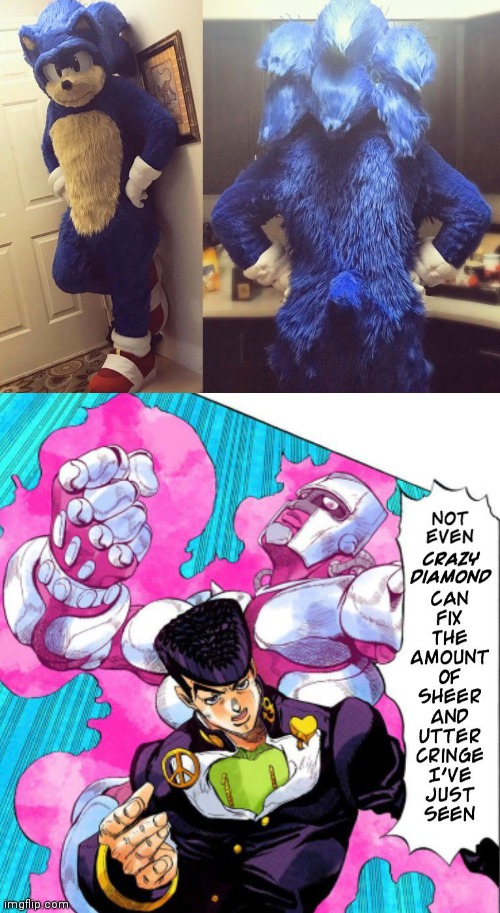 ( ͡; 益 ͡; ) | image tagged in jojo's bizarre adventure josuke can't fix cringe,jojo's bizarre adventure,jjba,sonic the hedgehog,sonic,cringe | made w/ Imgflip meme maker