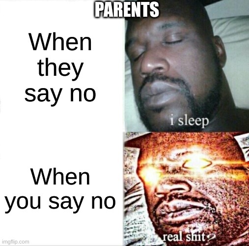 Fakts | PARENTS; When they say no; When you say no | image tagged in memes,sleeping shaq | made w/ Imgflip meme maker