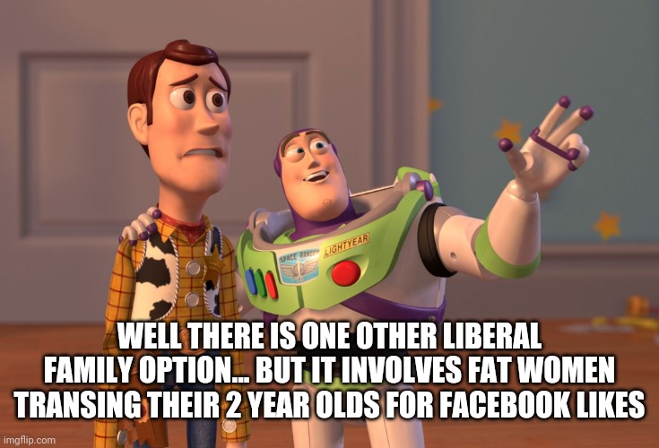 X, X Everywhere Meme | WELL THERE IS ONE OTHER LIBERAL FAMILY OPTION... BUT IT INVOLVES FAT WOMEN TRANSING THEIR 2 YEAR OLDS FOR FACEBOOK LIKES | image tagged in memes,x x everywhere | made w/ Imgflip meme maker
