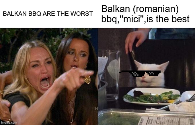 Woman Yelling At Cat | BALKAN BBQ ARE THE WORST; Balkan (romanian) bbq,''mici'',is the best | image tagged in memes,woman yelling at cat | made w/ Imgflip meme maker