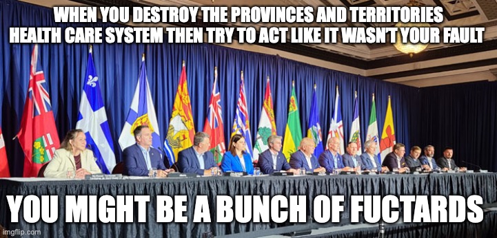 You Might Be A Bunch Of Fuctards |  WHEN YOU DESTROY THE PROVINCES AND TERRITORIES HEALTH CARE SYSTEM THEN TRY TO ACT LIKE IT WASN’T YOUR FAULT; YOU MIGHT BE A BUNCH OF FUCTARDS | image tagged in premiers,fuctard,canada | made w/ Imgflip meme maker