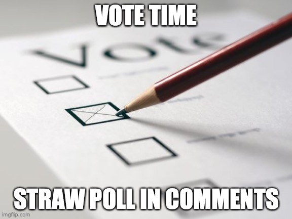 voting time | VOTE TIME; STRAW POLL IN COMMENTS | image tagged in voting ballot | made w/ Imgflip meme maker