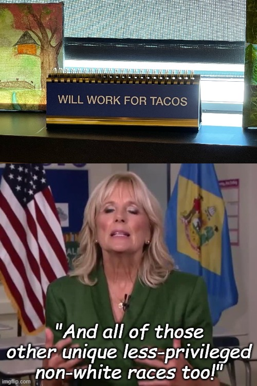 Conservatives cannot be wrong once without being excoriated.  Liberals are wrong ALL THE TIME and get a pass. | "And all of those other unique less-privileged non-white races too!" | image tagged in jill biden,tacos,racism,passive aggressive racism | made w/ Imgflip meme maker