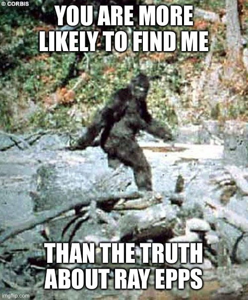 Bigfoot | YOU ARE MORE LIKELY TO FIND ME THAN THE TRUTH ABOUT RAY EPPS | image tagged in bigfoot | made w/ Imgflip meme maker