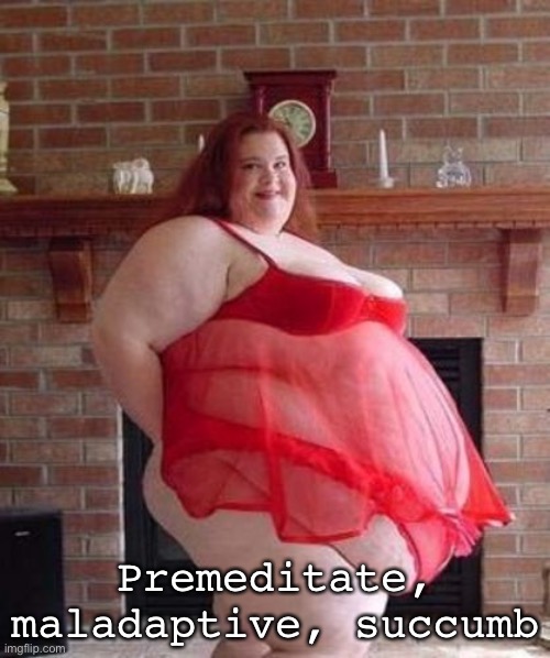 Obese Woman | Premeditate, maladaptive, succumb | image tagged in obese woman,improvise adapt overcome,anti | made w/ Imgflip meme maker