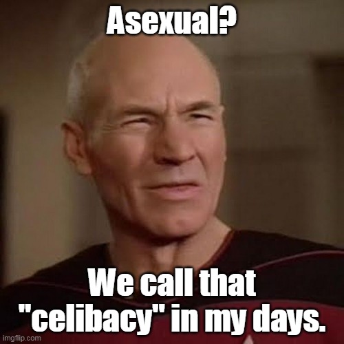 Stop trying to redefine everything. We already have definitions for them. | Asexual? We call that "celibacy" in my days. | image tagged in picard wtf,asexual,celibacy,democrats,left,liberals | made w/ Imgflip meme maker