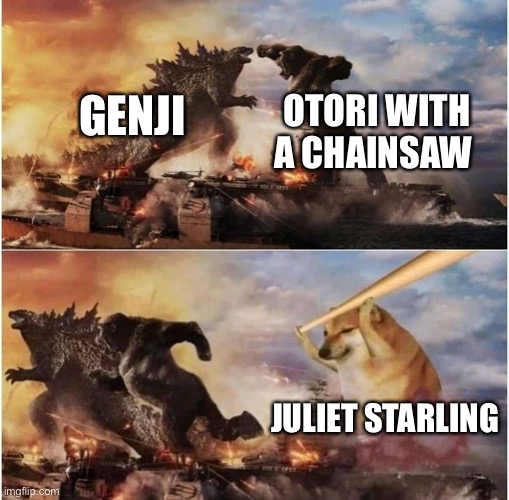 Kong Godzilla Doge | GENJI OTORI WITH A CHAINSAW JULIET STARLING | image tagged in kong godzilla doge | made w/ Imgflip meme maker