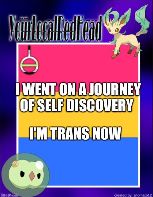 I WENT ON A JOURNEY OF SELF DISCOVERY; I’M TRANS NOW | image tagged in reds template | made w/ Imgflip meme maker