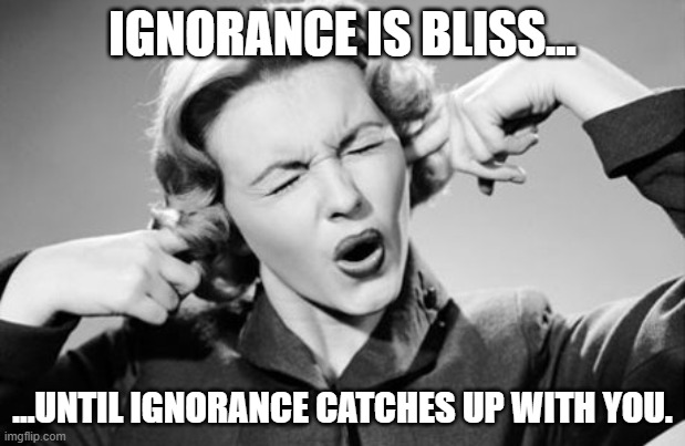 If I ignore the truth it will go away | IGNORANCE IS BLISS... ...UNTIL IGNORANCE CATCHES UP WITH YOU. | image tagged in if i ignore the truth it will go away | made w/ Imgflip meme maker