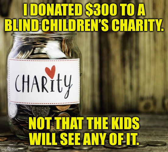 Childrens Charity | I DONATED $300 TO A BLIND CHILDREN’S CHARITY. NOT THAT THE KIDS WILL SEE ANY OF IT. | image tagged in charity,childrens charity,kids will not see,dark humour | made w/ Imgflip meme maker