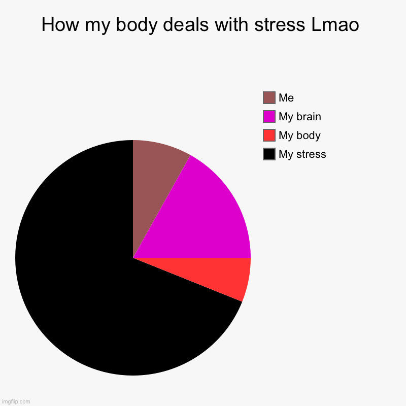 How my body deals with stress Lmao | My stress, My body, My brain, Me | image tagged in charts,pie charts | made w/ Imgflip chart maker