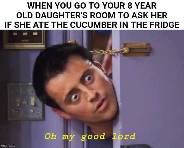 What's wrong with you? | WHEN YOU GO TO YOUR 8 YEAR OLD DAUGHTER'S ROOM TO ASK HER IF SHE ATE THE CUCUMBER IN THE FRIDGE; Oh my good lord | image tagged in what's wrong with you | made w/ Imgflip meme maker