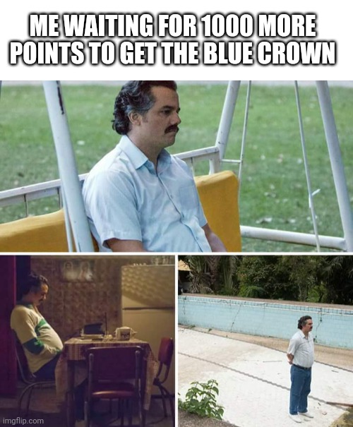 So close!!! | ME WAITING FOR 1000 MORE POINTS TO GET THE BLUE CROWN | image tagged in blank white template,memes,sad pablo escobar | made w/ Imgflip meme maker